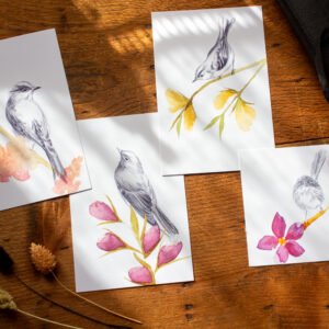 Carte ‘croquis d’oiseau printanier’ aquarellée – 4 modèles ou lot de 4