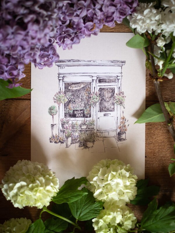 tirage d'art d'une esquisse façade de fleuriste au charme anglais