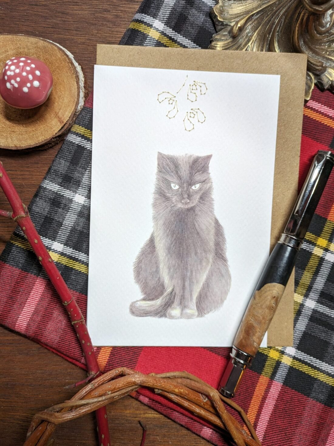 carte brodée chat de fin d'année