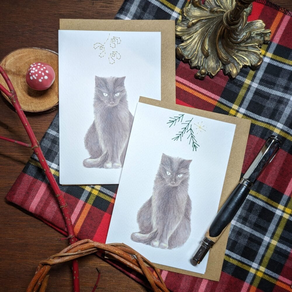 Des cartes uniques  » chat de fin d’année » brodées à la main