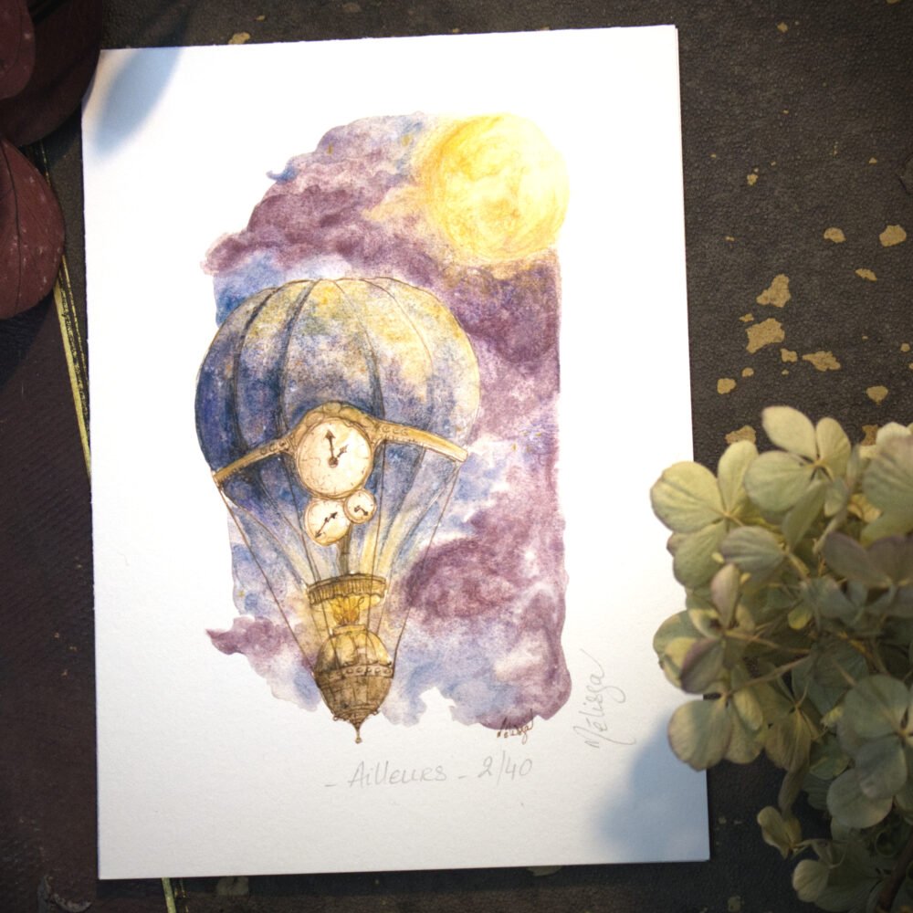 « Ailleurs » – Aquarelle nocturne d’une mongolfière voyageuse du temps