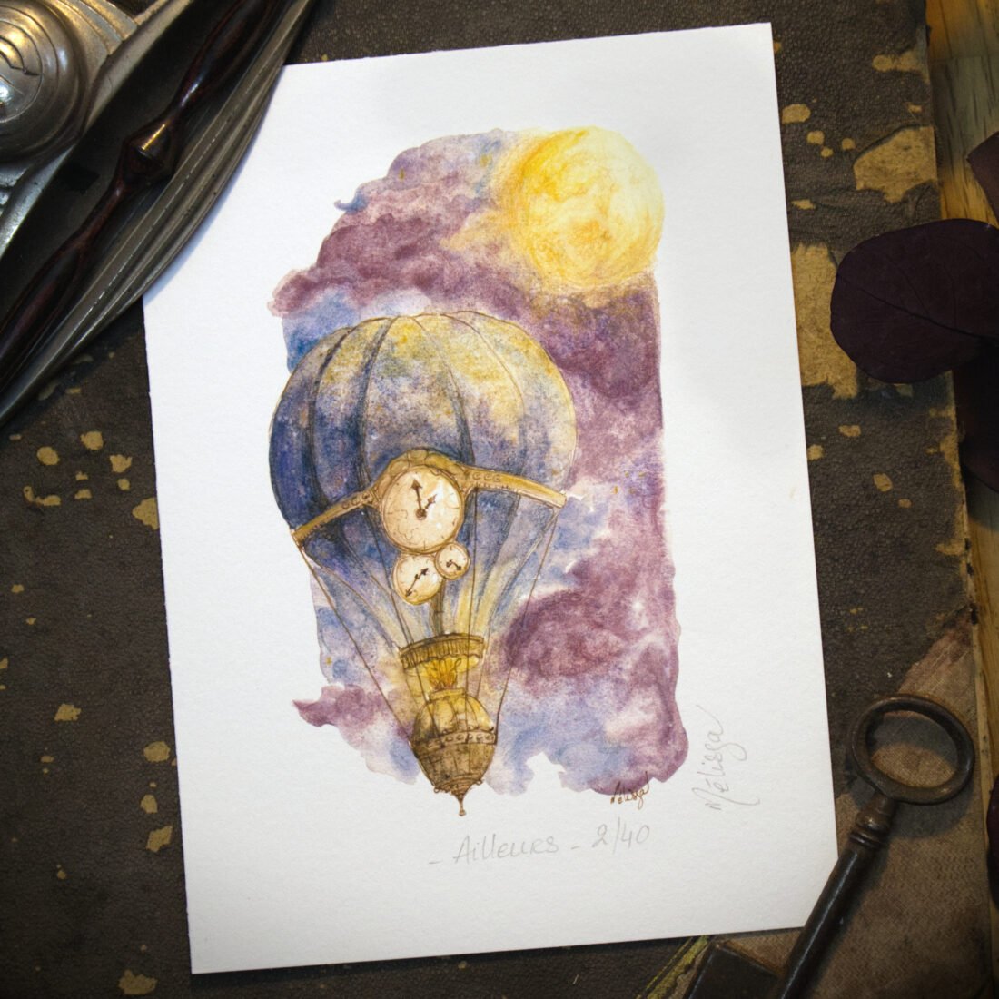 impression d'art d'une mpngolfière voyageuse du temps dans une nuit lunaire - esprit steampunk