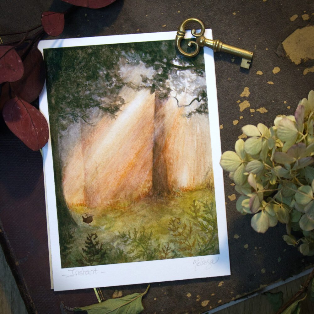 « Instant » – aquarelle d’une forêt illuminée et enchantée