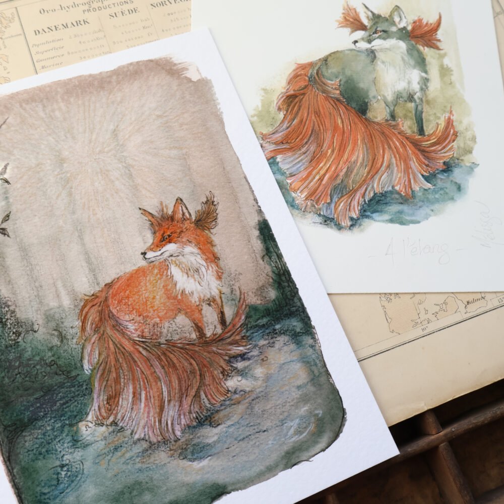 Conte illustré d’un renard combattant à l’étang – 2 affiches