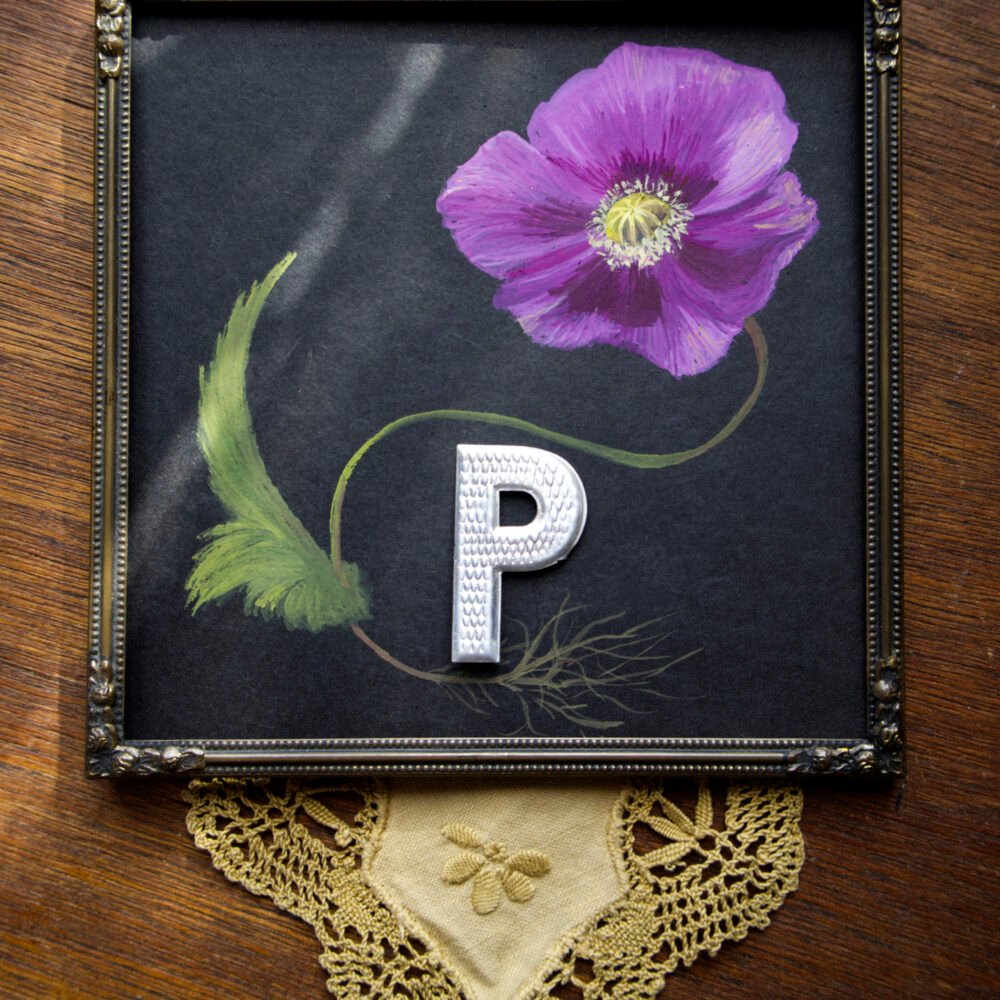 « P comme Pavot » – gouache originale et cadre ancien
