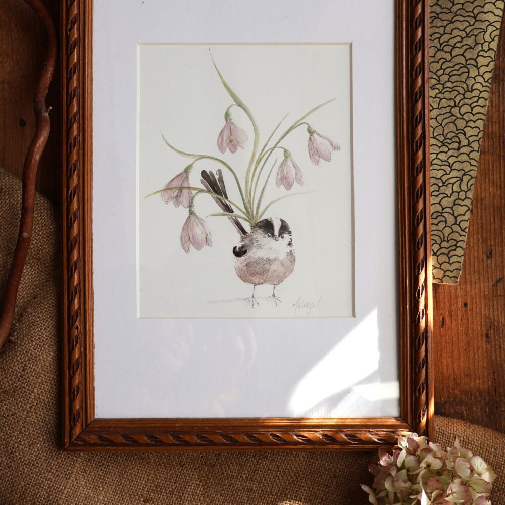 Semer les saisons ou mésange perce-neige – aquarelle originale et cadre ancien