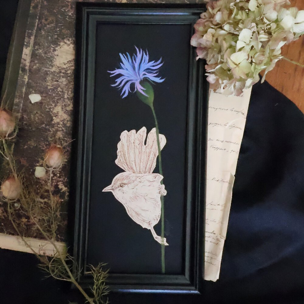 « Guetteur au bleuet » – Oiseau perché dessiné sur fleur à la gouache