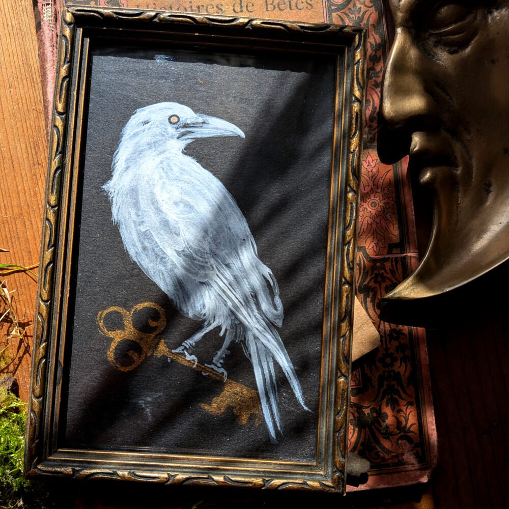 « Entre deux mondes  » gouache d&rsquo;un corbeau blanc